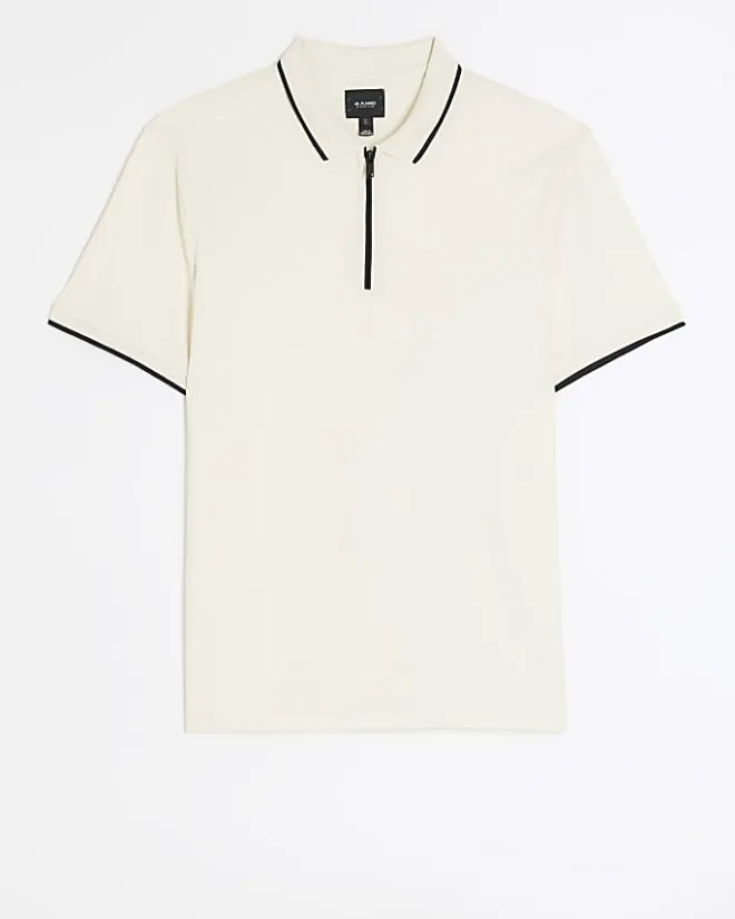 River Island Ecru slim fit taped collar polo Stone Fashion