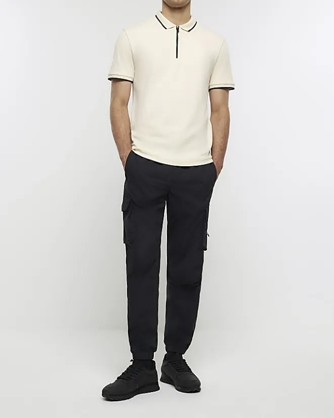 River Island Ecru slim fit taped collar polo Stone Fashion
