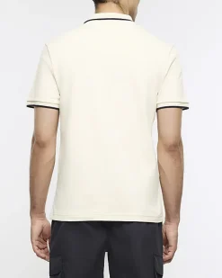 River Island Ecru slim fit taped collar polo Stone Fashion