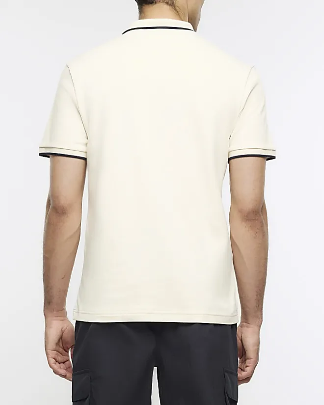 River Island Ecru slim fit taped collar polo Stone Fashion