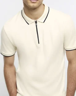 River Island Ecru slim fit taped collar polo Stone Fashion