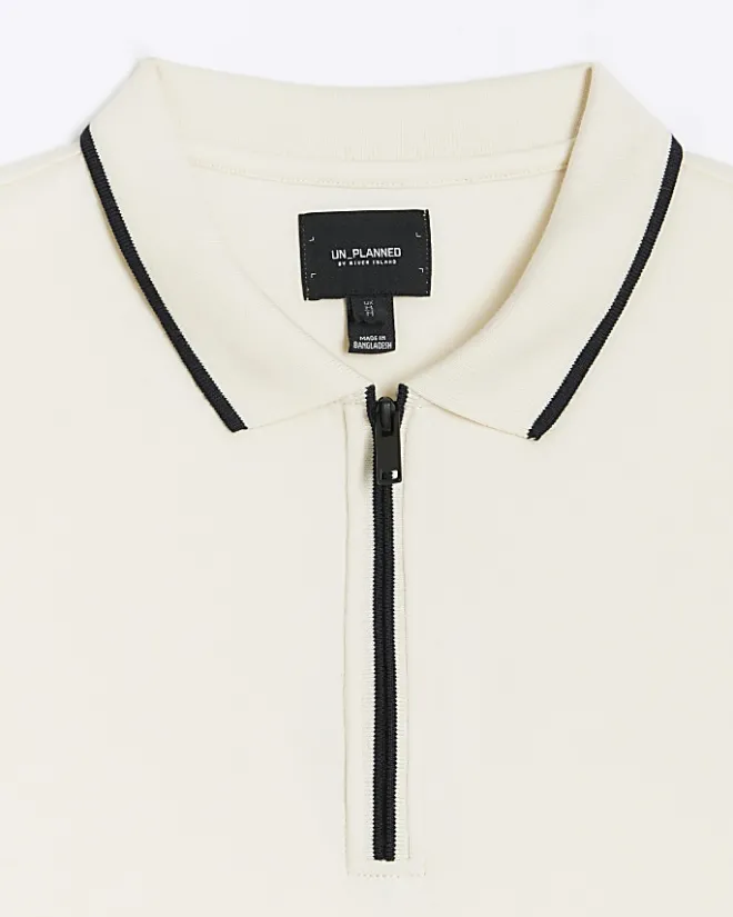 River Island Ecru slim fit taped collar polo Stone Fashion