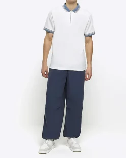 River Island Ecru slim fit taped half zip polo Stone Outlet