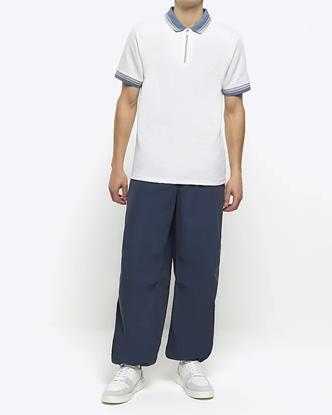 River Island Ecru slim fit taped half zip polo Stone Outlet