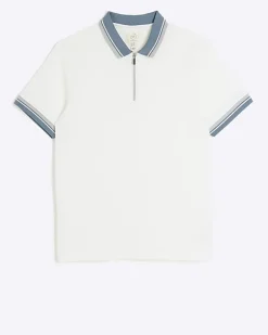 River Island Ecru slim fit taped half zip polo Stone Outlet