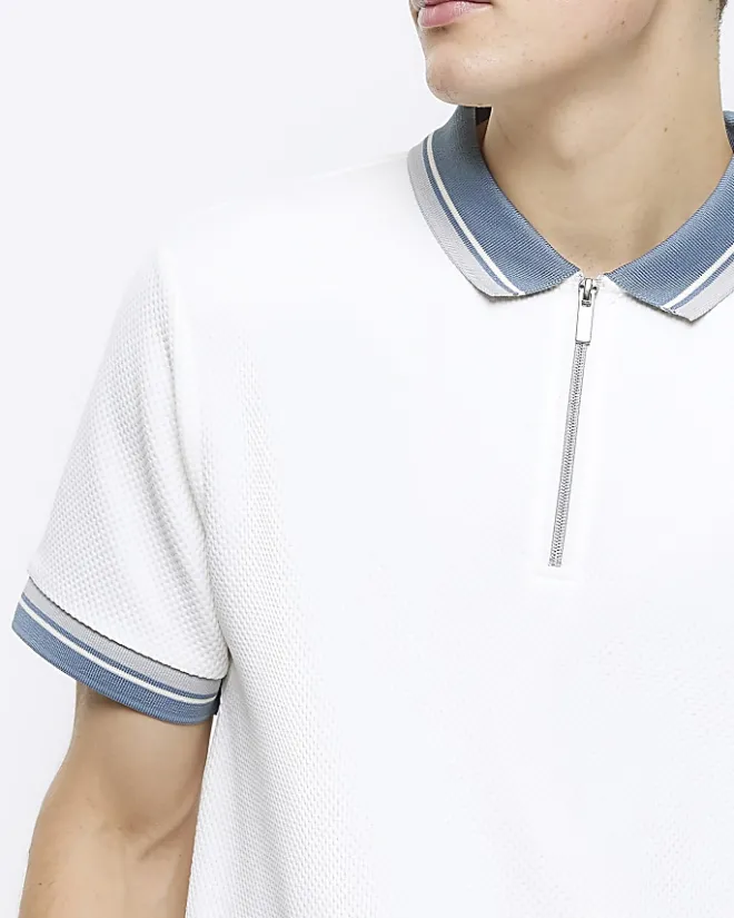 River Island Ecru slim fit taped half zip polo Stone Outlet