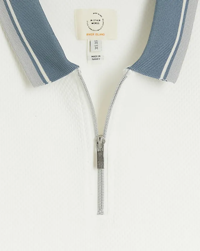 River Island Ecru slim fit taped half zip polo Stone Outlet