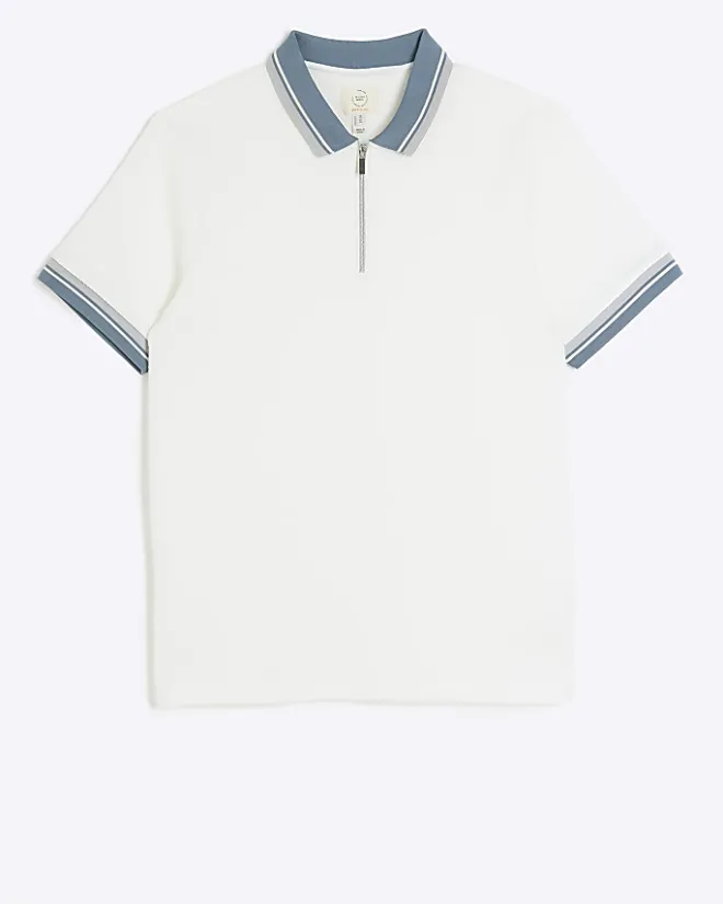 River Island Ecru slim fit taped half zip polo Stone Outlet