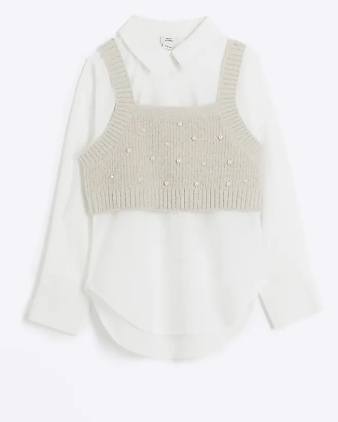 River Island Girls Beige Embellished Knit Top And Shirt Cream Sale