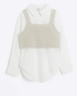 River Island Girls Beige Embellished Knit Top And Shirt Cream Sale