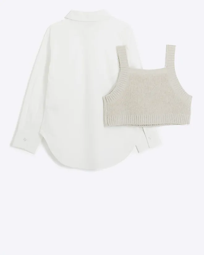 River Island Girls Beige Embellished Knit Top And Shirt Cream Sale