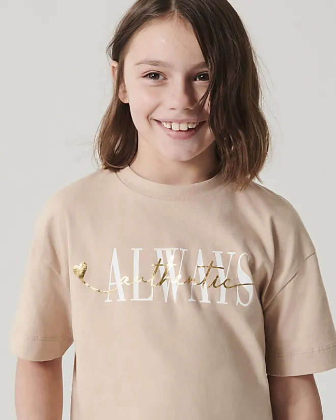 River Island Girls beige graphic crop t-shirt Cream Fashion