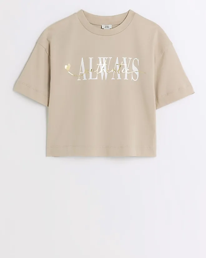 River Island Girls beige graphic crop t-shirt Cream Fashion
