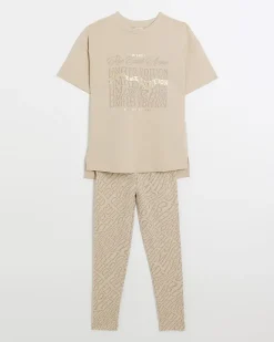 River Island Girls beige graphic t-shirt and leggings set Cream Sale