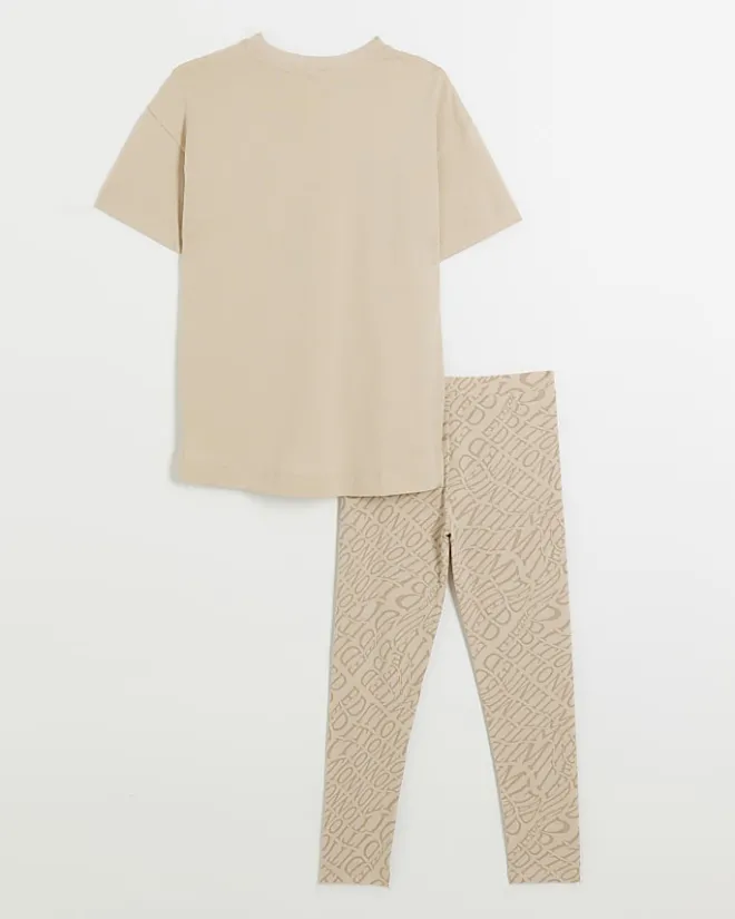 River Island Girls beige graphic t-shirt and leggings set Cream Sale