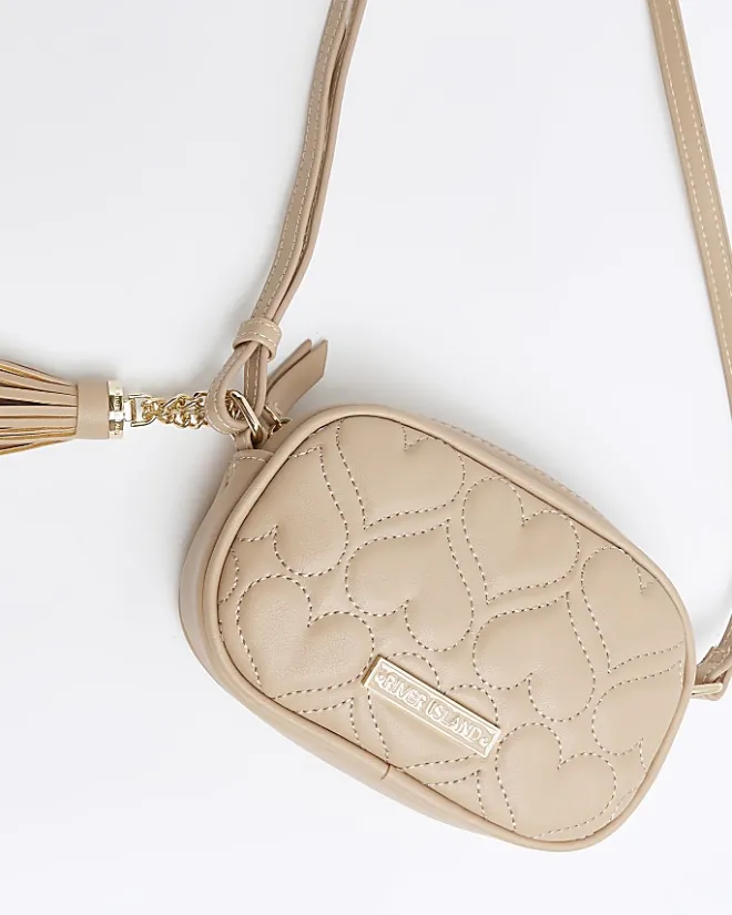 River Island Girls Beige heart quilted cross body bag Cream Hot