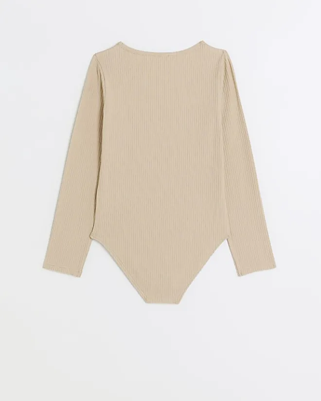 River Island Girls beige long sleeve ribbed bodysuit top Cream Sale