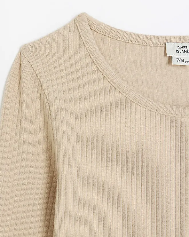 River Island Girls beige long sleeve ribbed bodysuit top Cream Sale