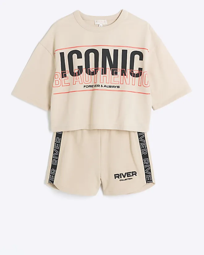 River Island Girls beige RI Active t-shirt and shorts set Brown Sale
