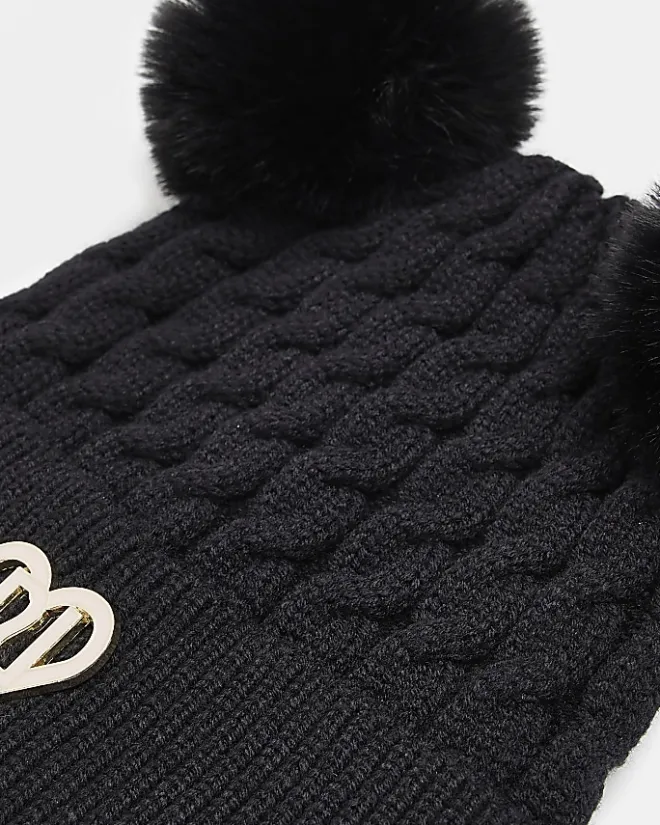 River Island Girls Double Pom Pom Beanie Hat Black Clearance