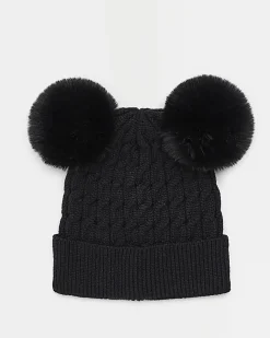 River Island Girls Double Pom Pom Beanie Hat Black Clearance