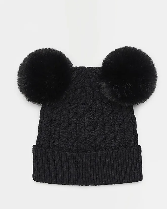 River Island Girls Double Pom Pom Beanie Hat Black Clearance