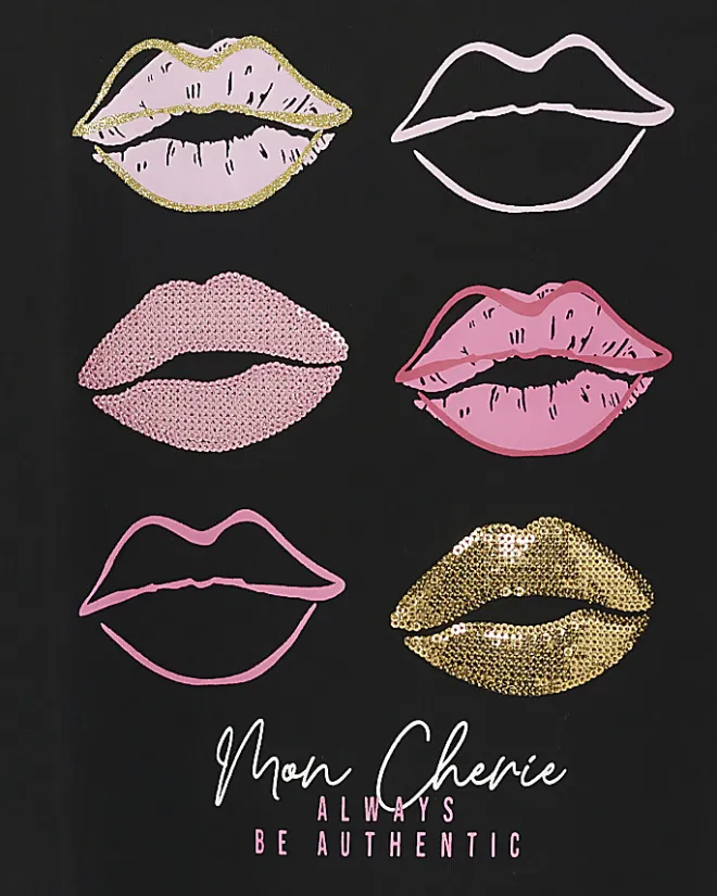River Island Girls embellished lips t-shirt Black Hot