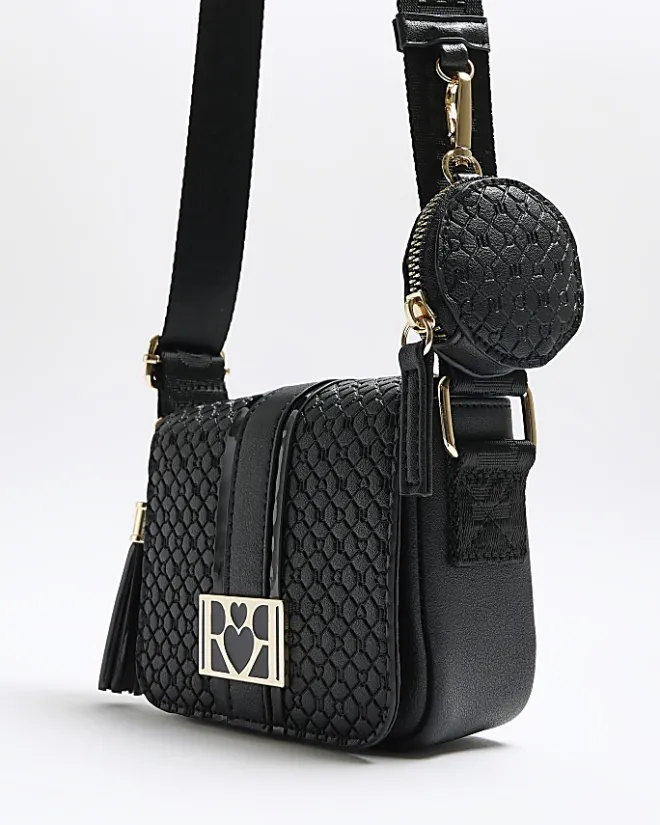 River Island Girls embossed monogram cross body bag Black Sale