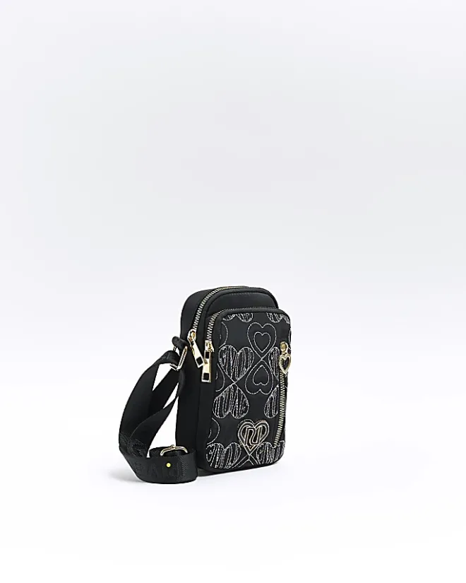 River Island Girls embroidered heart cross body bag Black Best