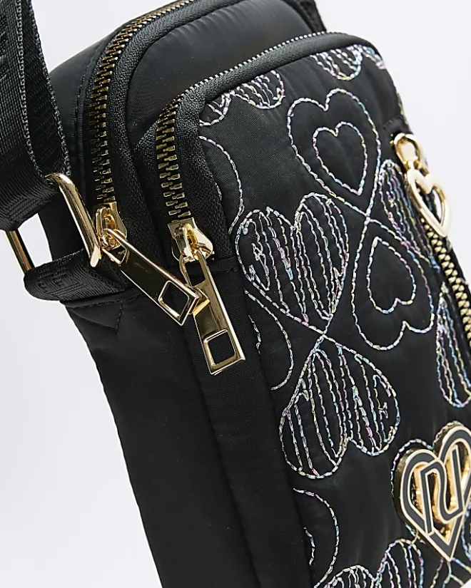 River Island Girls embroidered heart cross body bag Black Best