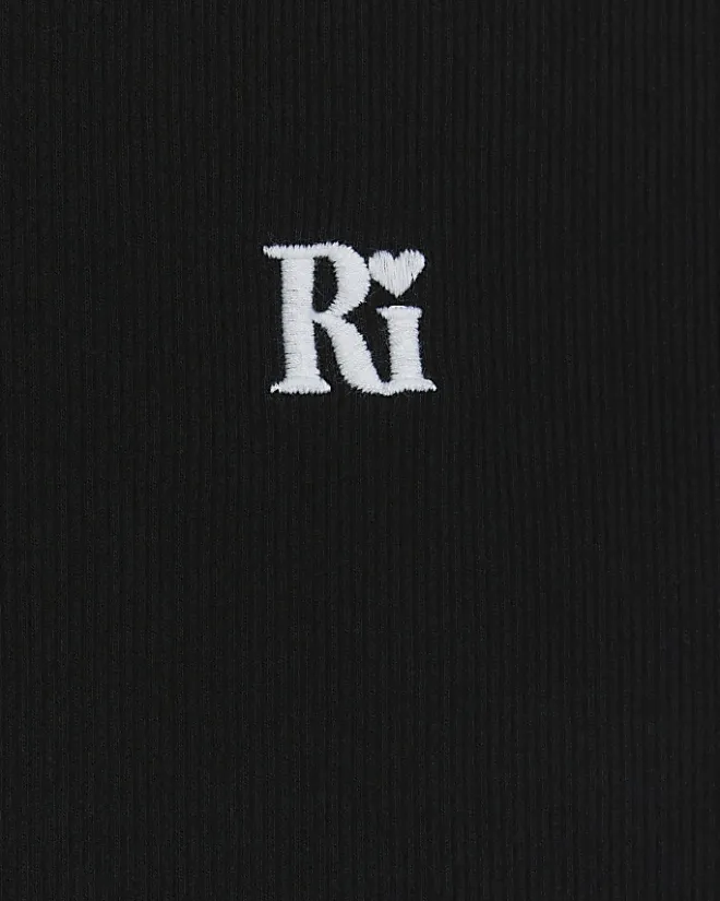 River Island Girls embroidered logo crop t-shirt Black Clearance