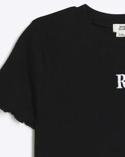 River Island Girls embroidered logo crop t-shirt Black Clearance