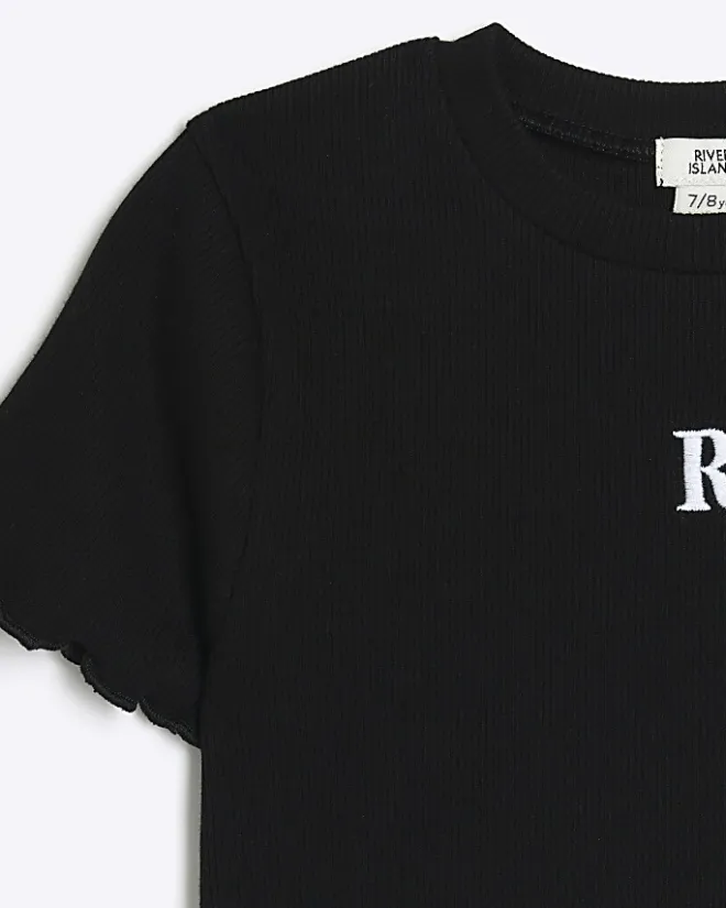 River Island Girls embroidered logo crop t-shirt Black Clearance