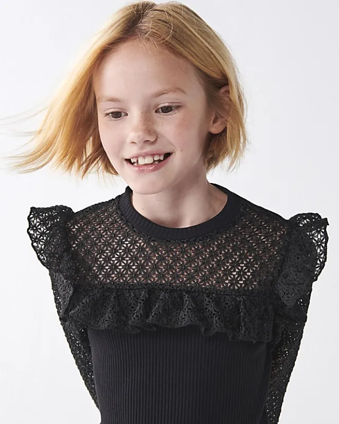 River Island Girls frill lace sleeve blouse Black Best
