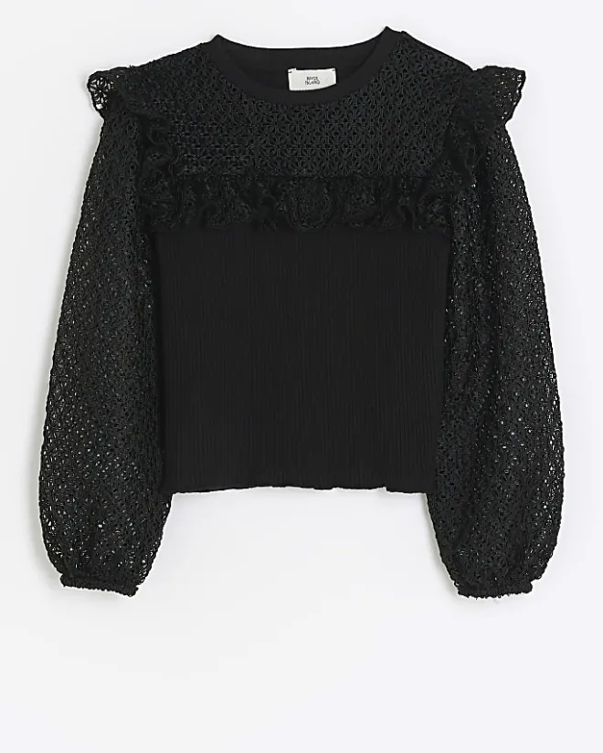 River Island Girls frill lace sleeve blouse Black Best