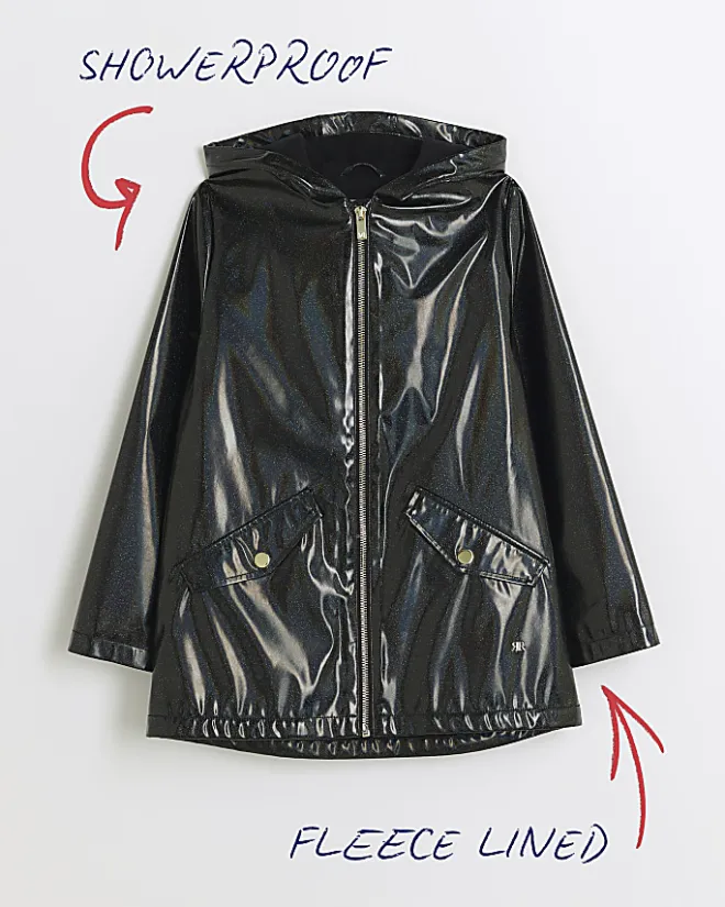 River Island Girls glitter hooded rain coat Black Best