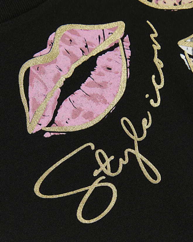 River Island Girls lips graphic crop t-shirt Black Online