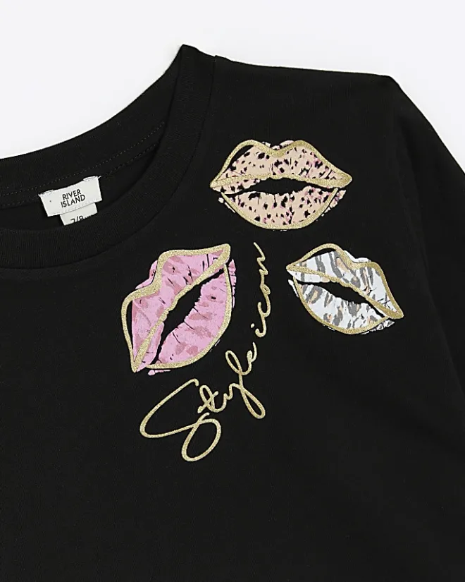River Island Girls lips graphic crop t-shirt Black Online