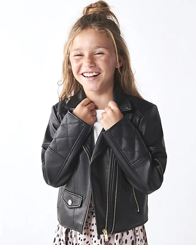 River Island Girls Pu double zip biker jacket Black Sale