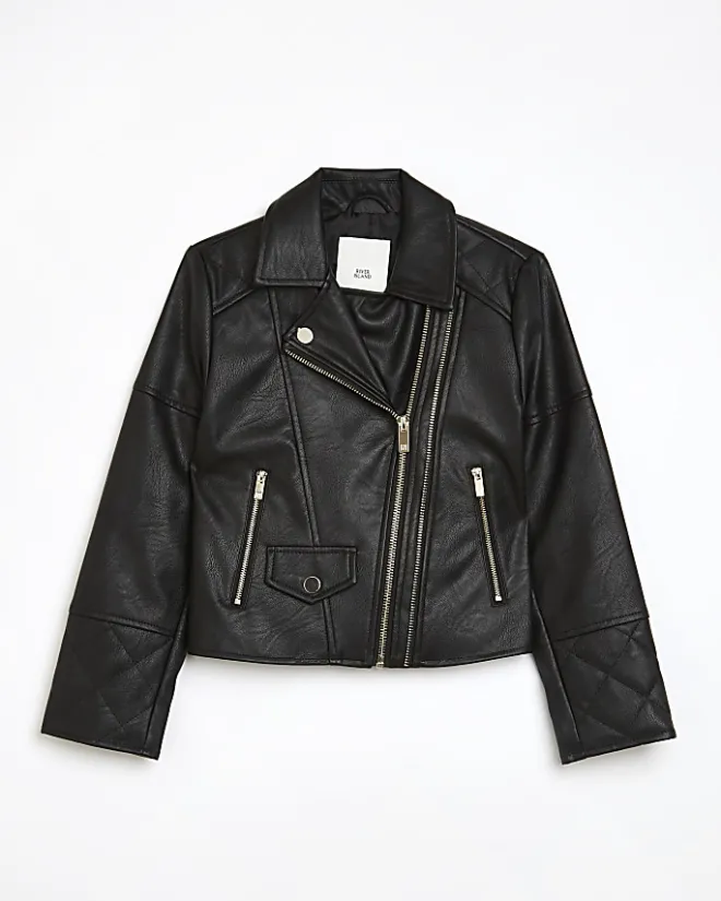 River Island Girls Pu double zip biker jacket Black Sale