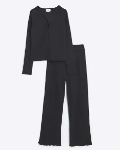 River Island Girls rib crossed top and leggings set Black Hot