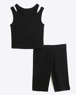 River Island Girls rib double strap tank top set Black Outlet