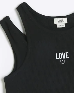 River Island Girls rib double strap tank top set Black Outlet