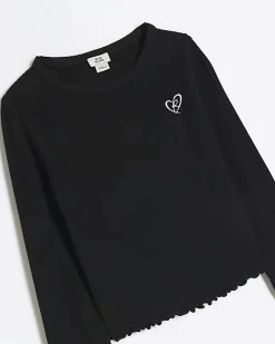 River Island Girls rib lettuce hem long sleeve top Black Outlet