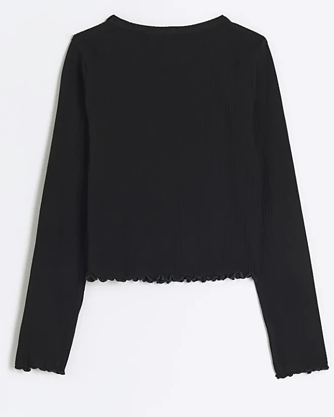 River Island Girls rib lettuce hem long sleeve top Black Outlet