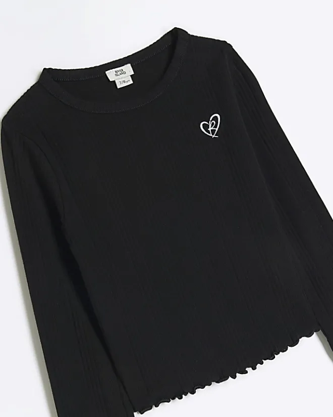 River Island Girls rib lettuce hem long sleeve top Black Outlet