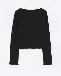 River Island Girls rib lettuce hem long sleeve top Black Sale