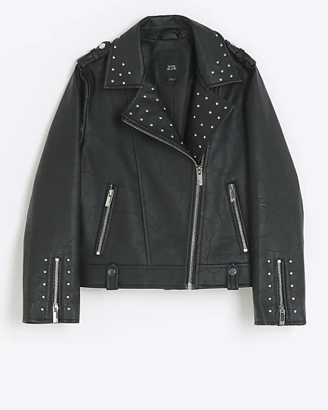 River Island Girls studded faux leather biker jacket Black Hot