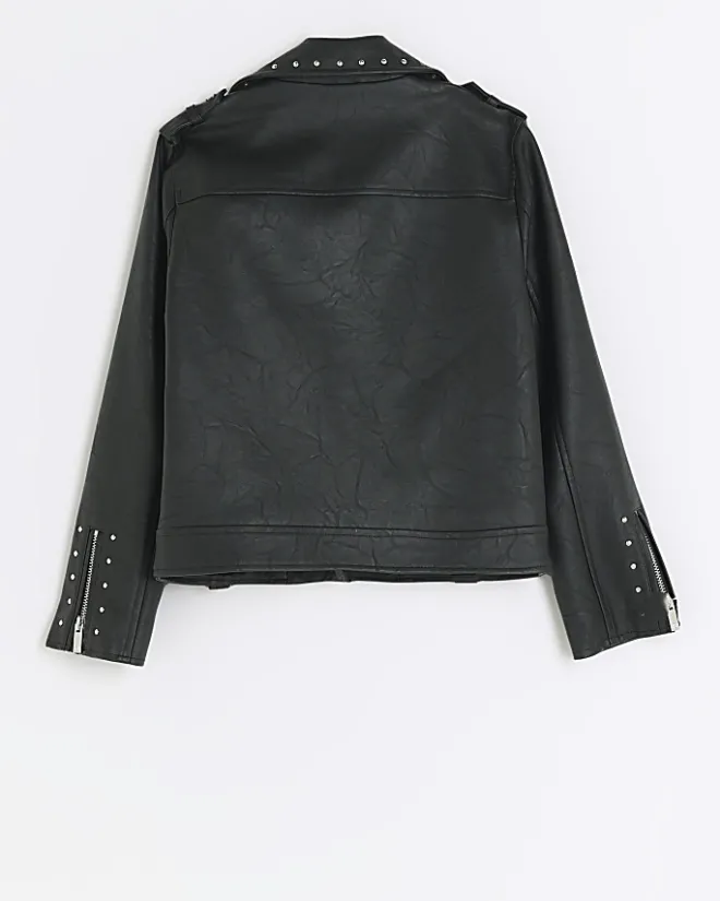 River Island Girls studded faux leather biker jacket Black Hot