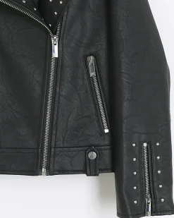 River Island Girls studded faux leather biker jacket Black Hot
